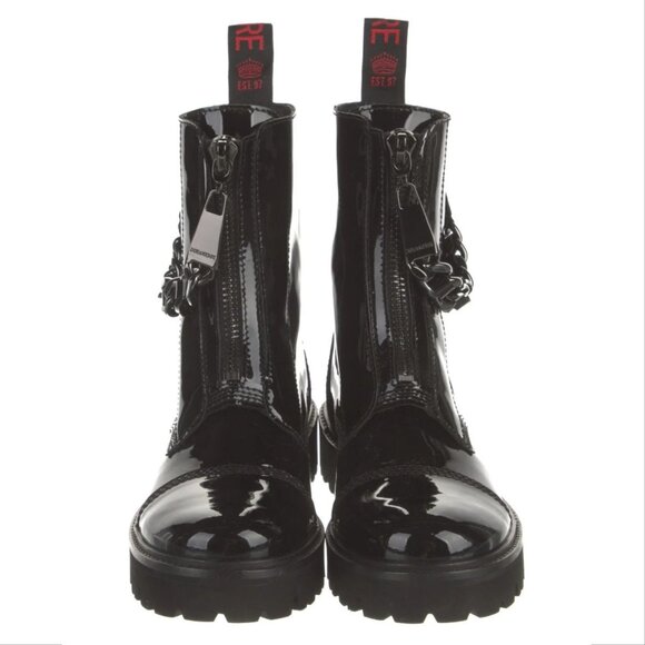 ZADIG & VOLTAIRE Combat Moto Zip-up BOOTS EU 37 7 Patent Leather Chain Logo NEW - Picture 1 of 10